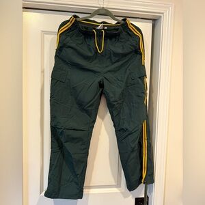 Aritzia Men's Forest Green Cargo Track Pants with Yellow Stripes